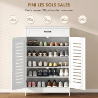 HOMCOM Meuble à chaussures 20 paires, armoire à chaussures avec 2 portes persiennes, tiroir et étagères réglables, blanc(m-4)