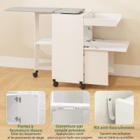 HOMCOM Meuble à repasser, table à repasser pliante sur roulettes avec portes par pression, charnières à fermeture douce, blanc(m-7)