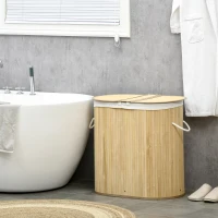 HOMCOM Panier à linge en bambou 100L avec 2 sections couvercle et sac amovible 62,5 x 37 x 60,5 cm - naturel(m-10)