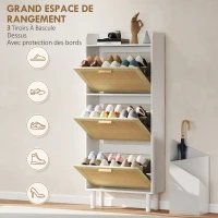 HOMCOM Meuble à chaussures 3 portes abattants étagère effet résine tressée design bohème 65 x 24,5 x 153 cm blanc(m-4)