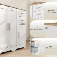 HOMCOM Buffet salon, meuble de rangement avec 2 tiroirs, 3 portes et étagère réglable, 100 x 40 x 78 cm, blanc et bois naturel(m-6)