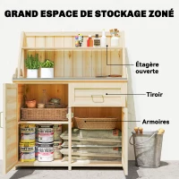 Outsunny Armoire de Jardin en Bois avec Plan de Travail en Métal Galvanisé Tiroir et Étagère 100x45x129,5cm Naturel(m-5)