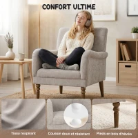 HOMCOM Fauteuil de salon, canapé 1 place avec dossier haut, accoudoirs, assise large, pieds en bois d'hévéa, tissu en lin, gris(m-4)