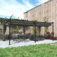 Outsunny Pergola rétractable avec rideaux latéraux, tonnelle de jardin en métal avec protection solaire UPF30+, gris foncé(m-10)
