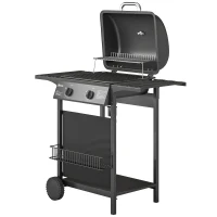 Outsunny Barbecue a Gás BBQ com 2 Queimadores de 5 kW Termómetro Mesas Laterais Prateleira Grelha de Aquecimento 2 Rodas Preto(m-12)