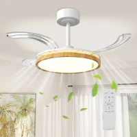 HOMCOM Ventilateur de plafond avec lumière et télécommande, plafonnier ventilateur 95 cm avec pales rétractables, bois naturel(m-10)