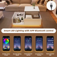 Lift-Up Coffee Table with Space-Saving Hidden and Open Storage, Desk with LED App-Controlled Lighting, 100L x 50W x 33H cm, White(m-4)