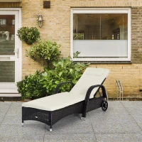 Outsunny Transat bain de soleil grand confort : matelas, têtière, inclinaison réglable multipositions, accoudoirs, roulettes résine tressée marron foncé(m-10)