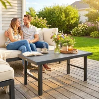 Outsunny Metal Garden Coffee Table, Outdoor Side Table with SPC Woodgrain Tabletop for Outside, 100 x 52 x 46cm, Dark Grey(m-2)