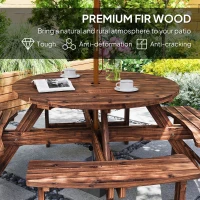 Outsunny Wooden Garden Dining Set, 8 Seater Patio Furniture Set with Round Picnic Table, Parasol Hole for Outdoor Garden, Tan(m-5)