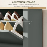 HOMCOM Meuble à chaussures 12 paires, armoire à chaussures étroite avec 2 tiroirs rabattables et étagères réglables, gris clair(m-5)