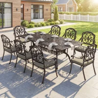 Outsunny 9 Piece Cast Aluminium Garden Dining Set, Garden Table and Chairs Set with Cushions, Parasol Hole for Patio, Bronze Tone(m-2)