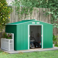 Outsunny 9 x 6ft Metal Garden Shed, Outdoor Storage Tool House with Ventilation Slots, Foundation Kit and Lockable Double Doors, Green(m-2)