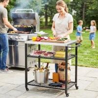 Outsunny Outdoor Grill Cart with Stainless Steel Tabletop, 3-Tier Pizza Oven Stand with 2 Shelves, 6 Hooks, Wheels, Black(m-8)