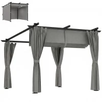 Outsunny 3 x 3 m Retractable Roof Pergola, with Curtains - Light Grey(m-10)
