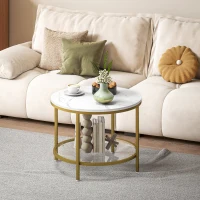 HOMCOM Table basse salon ronde moderne à 2 niveaux plateau effet marbre et étagère en verre trempé, Ø 60 x 45 cm, blanc et doré(m-10)