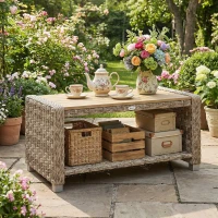 Outsunny Outdoor Coffee Table with Storage Shelf, PE Rattan Side Table with Slatted Top and Foot Pads, Light Brown(m-8)