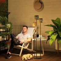 Outsunny Boho Rattan Floor Lamp, 3-Lights Rattan Lamp with Shelf, Freestanding Solar Garden Light with Auto On/Off Lights, Grey(m-2)