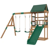 AIYAPLAY Spielturm Klettergerüst Holz Schaukelgestell mit Rutsche 2 Schaukeln Kletterwand für 3-8 Jahre 315x284x233 cm Grün(m-10)