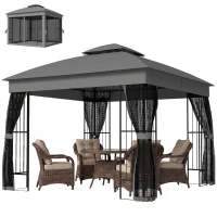 Outsunny 3 x 3 m Outdoor Garden Gazebo with Post Shelves, UPF50+ Double Roof Patio Permanent Pavilion, Grey(m-11)