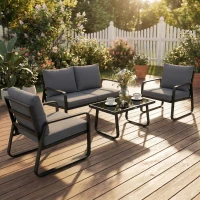 Outsunny Salón de Jardín 4 Piezas con Cojines Desenfundables Muy Gruesos 10cm Mesa de Centro en Vidrio Templado Negro(m-2)