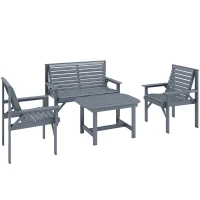 Outsunny 4 Piece Wooden Garden Furniture Set, Outdoor Garden Sofa Set with 2 Armchairs, Loveseat and Coffee Table, Grey(m-1)
