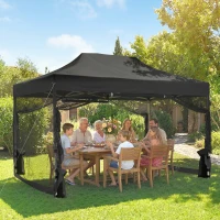 Outsunny 3 x 4.5 m Pop Up Gazebo with Mesh Nettings, UPF50+ Heavy Duty Outdoor Garden Party Tent Marquee, Black(m-2)