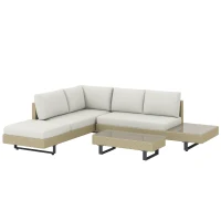 Outsunny Conjunto de Jardim em Vime de 3 peças com Sofá Modular de 3 e 2 Lugares Mesa Lateral e Mesa de Centro Bege(m-1)