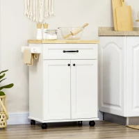HOMCOM Desserte de cuisine à roulettes multi-rangements 1 tiroir 1 placard 1 portes-torchons blanc et plateau en bois(m-10)