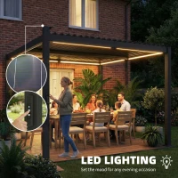 Outsunny 3 x 3 m Louvered Pergola with Solar LED lights, Metal Roof, Patio Gazebo Pergola Canopy with Drainage Gutters, Black(m-4)