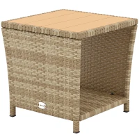 Outsunny Side Table 2-Tier Outdoor Coffee Table with Storage Shelf PS Wood Slat Top/Khaki(m-11)