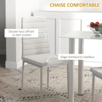 HOMCOM Ensemble de table à manger avec 4 chaises plateau en verre trempé, pieds en acier, pour cuisine salon blanc(m-5)