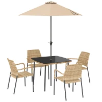 Outsunny 4 Seater Rattan Dining Set with Parasol, 6 Piece Garden Table and Stackable Chairs with Tempered Glass Tabletop(m-11)