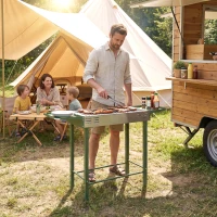 Outsunny BBQ Rotisserie Grill Roaster Charcoal Spit Roasting Machine for Chicken Turkey with 3-Level Grill Grate, Side Shelves, Dark Green(m-7)