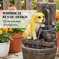 Outsunny Garden Water Feature with 3-Tier Rustic Puppy Design, Freestanding Resin with LED Lights, Adjustable Flow, Rustic Brown(m-4)