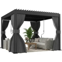 Outsunny 3 x 3 m Louvered Pergola with Adjustable Metal Louvred Roof, Aluminium Patio Gazebo with Netting and Curtains, Dark Grey(m-10)
