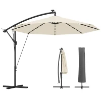 Outsunny 3 m Cantilever Parasol with Solar LED Lights Garden Umbrella with Cross Base, Cream White(m-11)