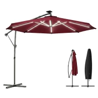 Outsunny 3 m Garden Cantilever Parasol with LED Solar Light, Round Overhanging Umbrella with 360° Rotation, Cover, Wine Red(m-11)