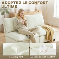 HOMCOM Canapé 2 places modulable, canapé de salon moderne 146 cm sans accoudoirs avec assise large, coussins épais, crème(m-6)