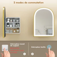 HOMCOM Armoire murale salle de bain avec miroir et éclairage LED, porte arquée, anti-buée, 50x14,5x70cm, doré(m-9)