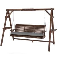 Outsunny 3 Seater Garden Swing Seat, Wooden Swing Chair Bench with Cushion, Side Trays and Metal Chains, for Outdoor Porch Patio, Carbonised Brown(m-11)
