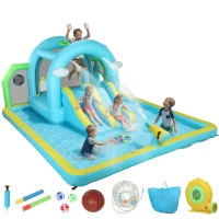 AIYAPLAY Castillo Hinchable Acuático 7 en 1 con Soplador 2 Toboganes Trampolín Piscina Canasta Columna de Boxeo 426x360x198 cm(m-10)