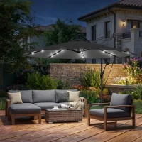 Outsunny 3 m Cantilever Parasol with Solar LED Lights Garden Umbrella with Cross Base, Black(m-2)