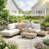 Outsunny Conjunto de Jardim em Vime de 3 peças com Sofá Modular de 3 e 2 Lugares Mesa Lateral e Mesa de Centro Bege(m-9)