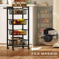 HOMCOM Carrito Verdulero para Cocina con 4 Cestas Deslizables y Marco de Acero 49,5x31x91 cm Roble(m-5)