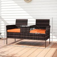 Outsunny Two-Seat Rattan Chair, with Middle Table - Orange(m-3)