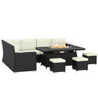 Outsunny 7 Pieces PE Rattan Garden Furniture Set, 50,000 BTU Gas Fire Pit Table, Double Corner Sofa and 3 Footstools(m-11)
