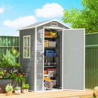 Outsunny 4 x 3 ft Plastic Garden Shed with Floor, Outdoor Storage Shed with Lockable Door, Window and Vent, Light Grey(m-2)