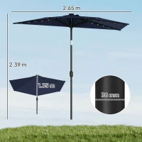 Outsunny 2.6 m Half Garden Parasol with Solar LED Lights, UPF50+ Semi Round Umbrella with 30° Tilt, Crank Handle, Dark Blue(m-3)
