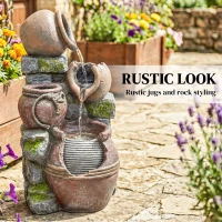 Outsunny Outdoor Fountain with 4-Tier Rustic Pots & Planter, Garden Fountain with LED Lights, Rustic Brown(m-4)
